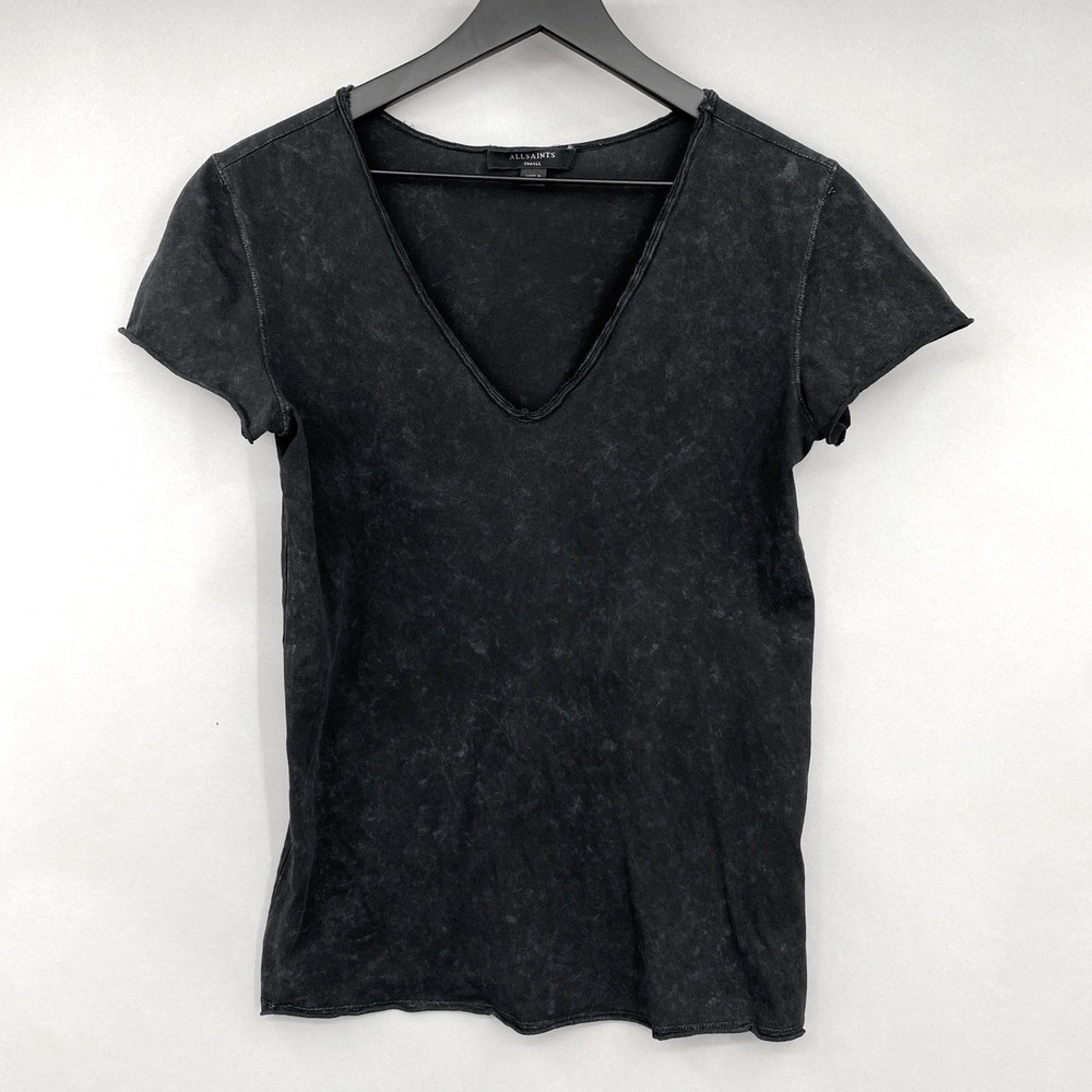 AllSaints‎ Emelyn Budan Tee Womens Sz Small Black Acid Wash V-Neck Grunge Top